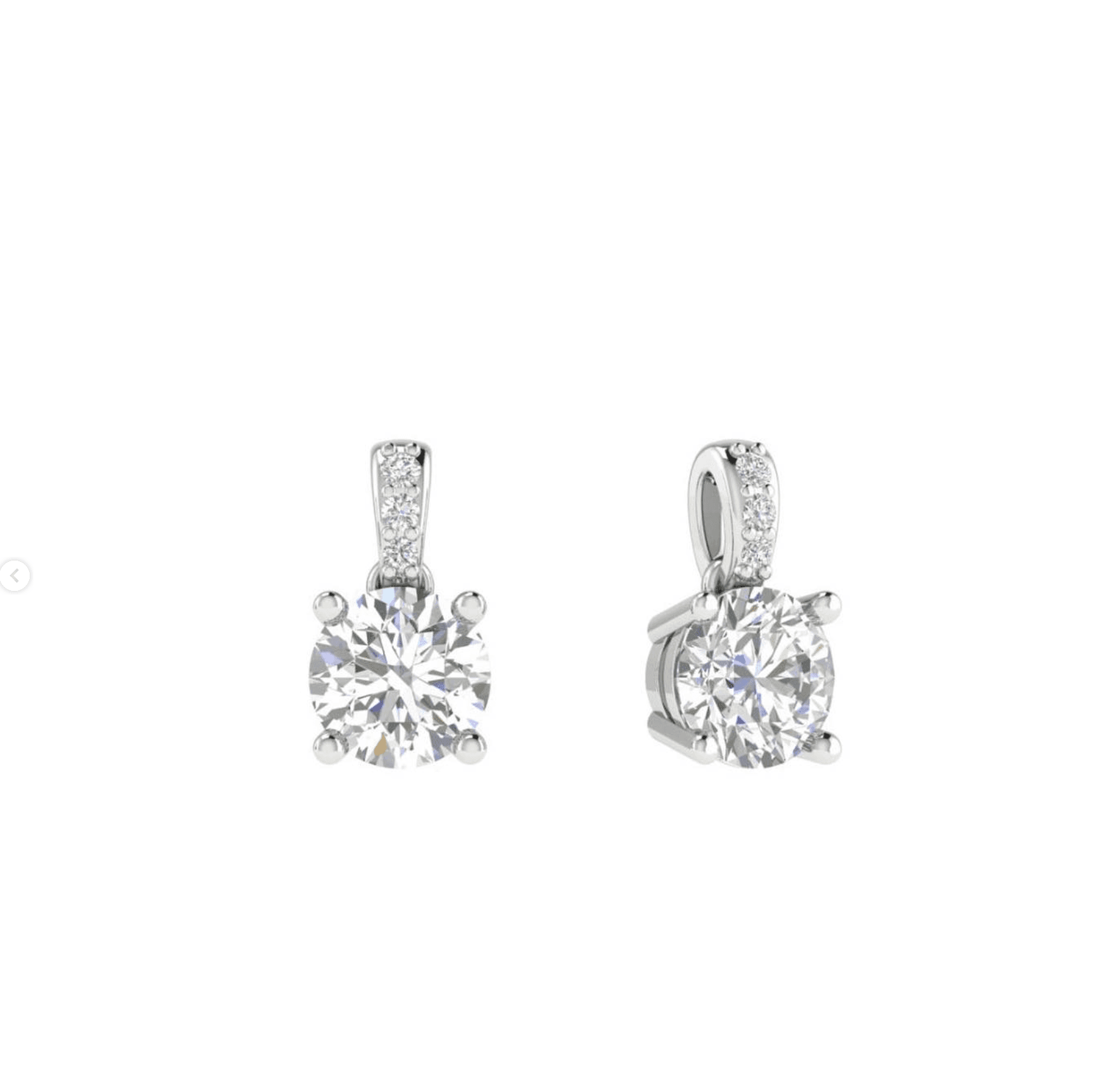 Pair of white gold diamond drop earrings with pavé-set bails, each holding a round brilliant diamond, photographed on a white background