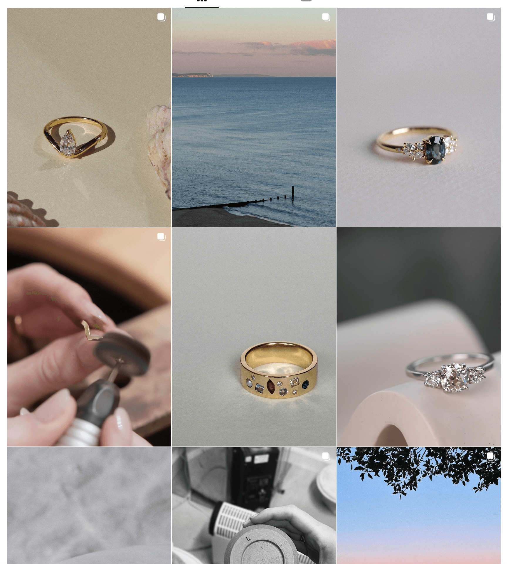 Brogan Studio Instagram grid showing a jewellery collection alongside coastal photography from Bournemouth, hands-on goldsmithing tools, and a camera